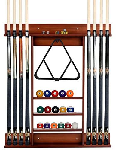 COSTWAY Pool Cue Rack Only, Wall Mounted Billiard Stick Holder with 3 Tiers Ball Slots, 8 Clips, Wooden Billiards Table Accessories Equipment (‎Brown)