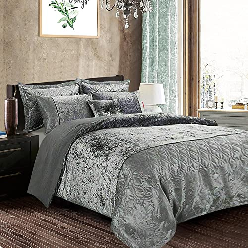 Best Linen Crushed Velvet Duvet Cover Set Soft Machine Washable Hypoallergenic 3 Piece Solid Quilt Cover Bedding Set With 2 Pillow Cover (Silver, Super King)