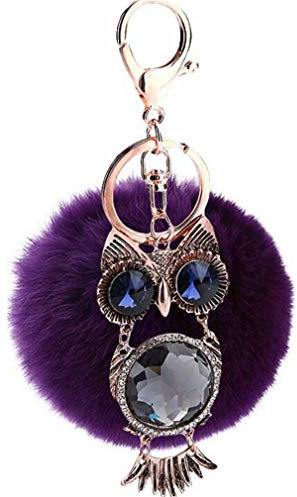 Canarea Schlüsselanhänger plüsch ball Elegant bommel Keychain Taschenanhänger,Weich Pompom Schlüsselring mit Glitzer Strass Eule Plüsch-Kugel Auto-Anhänger Zubehör (Violet)