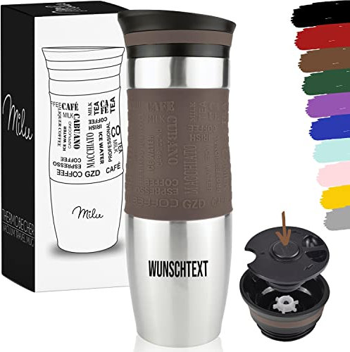 Milu Thermobecher 450ml mit Gravur - als Geschenk-Idee Ostern, Vatertag, Muttertag, Weihnachten, Einschulung, Liebesgeschenk, Geburtstag, Frauen und Männer Mama Papa Kinder (Braun + Gravur)