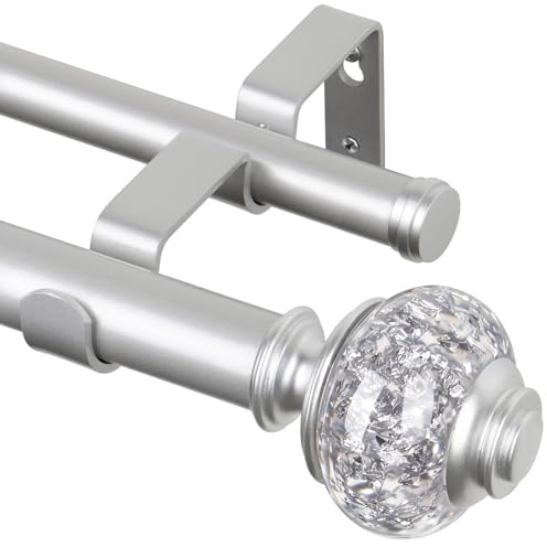 1 Inch Double Curtain Rods 72 to 144 Inches (6 to 12 ft), USFOOK Silver Drapery Rods for Windows, Telescoping Dual Curtain Rod with Translucent Finials, Decoration for Home