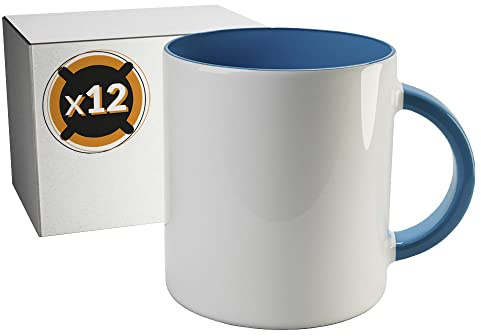 PixColor – 12 tazas de sublimación de cerámica blanca con interior de color azul claro | Caja individual | 350ml (11oz) | Categoría AAA | Aptas para microondas y lavavajillas | Cricut