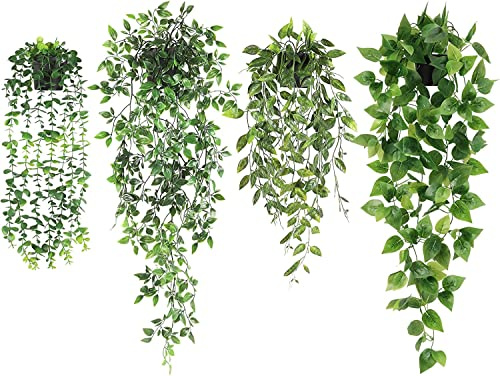 Koksi 4-Pack Artificial Hanging Plant with Pots- Realistic Green Plants Flowers - Indoor & Outdoor Faux Greenery for Home Decoration, Living Room, Bedroom (4-Pack Hanging)