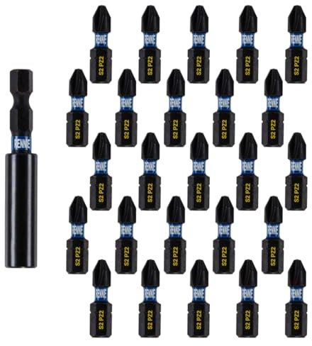 26 x 25mm Long PZ2 Impact Screwdriver Driver Bits Set with Bit Holder | Heavy Duty PoziDriv POZI No.2 Magnetic Screwdriver Bit Set. PZ2 Impact Driver Bits Pozidrive Screw Accessories