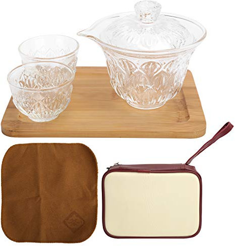 Tomotato Service à Thé, Service à Thé de Voyage Portable avec Sac de Voyage, Tasse à Thé en Verre, Service à Thé Portable Kung Fu avec Plateau en Bois