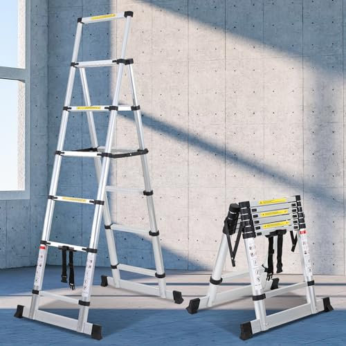 Ikodm Scala telescopica in alluminio, 1,7 m + 2,0 m, telaio A 5 + 6 livelli, scala allungabile per riparazioni di tetto, dimensioni piegate 65 cm, portata 150 kg