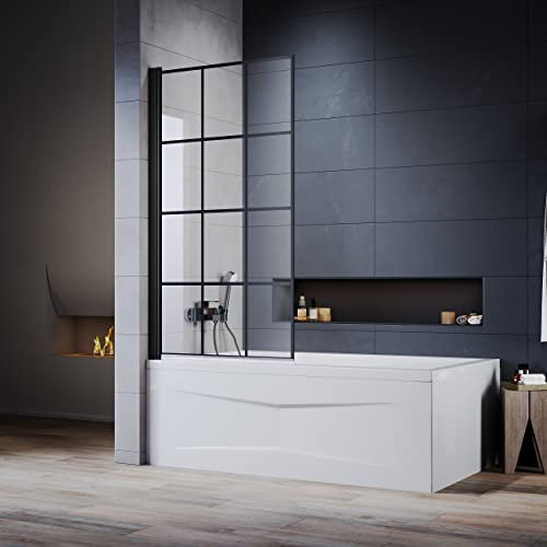 800 * 1400mm Over Bath Shower Screen Door Black Framed Square Grid Toughened Safety Glass Bathtub Door Pivot Swing Panel Shower Door