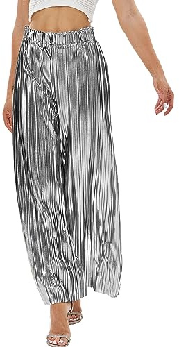 Fakanhui Palazzo-Hose für Damen, metallisch, weites Bein, Gold/Silber, Freizeitkleid, Abendkleid, Party, Clubwear