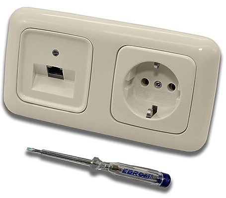 Busch Jäger, Rutenbeck Unterputz Netzwerkdose 10 Gigabit/S (10GbE) KAT6A 6A 1 x RJ45 Anschluss + Steckdose 20EUC-212 im BJ DUR2000 cremeweiß Design + EBROM Phasenprüfer z. Montage d. Geräte