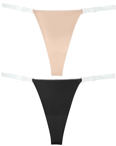 Aivtalk Kvinnor G String Sexiga Tanga Trosor Genomskinliga Trosor Justerbar Osynlig Sömlös Underkläder Byxor Låg Midja Stringtrosa 2 stycken, Svart + beige, L