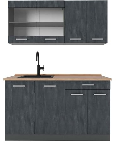 Vicco Singleküche R-Line, Küchenzeile Single, Schwarz Beton/Anthrazit, 140 cm AP Eiche