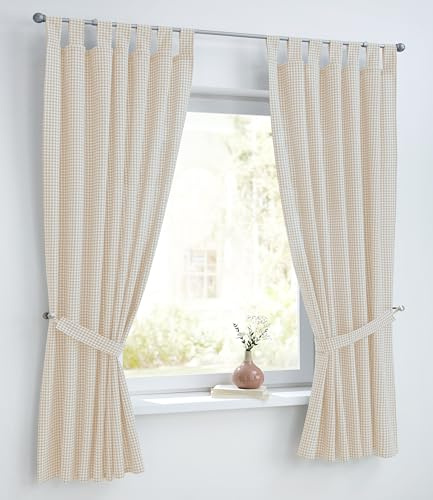Vorhang mit Raffhalter Cottage weiß beige Natur Landhaus Küche Gardine Baumwolle kariert Blickdicht Schlaufen (1 Stück) B 110 x H 145 cm