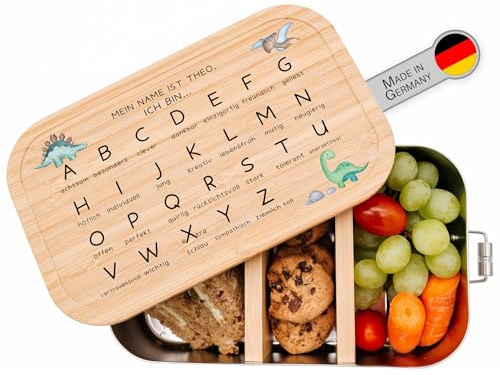 wunderwunsch® - Personalisierte Brotdose für Kinder - Robuste und Individuelle Edelstahl Brotdose mit Namen - Personalisierte Geschenke für Kinder (GROSS Edelstahl,Dinos ABC)