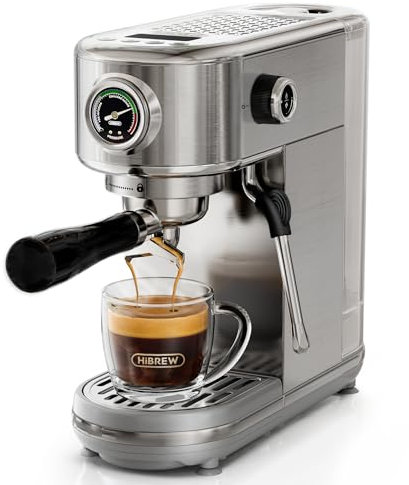 HIBREW Macchina per caffè espresso programmabile, H10B, acciaio inox spazzolato, temperatura regolabile e volume tazza, pulitore a vapore per montalatte