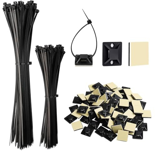 200Stks Kabelbinder Schwarz,100Stks Klebesockel Halter Kabelbinder Set | Kabelbinder Set 120/200mm Nylon Kabelbinder Lang,Selbstverriegelnde, UV Beständig für Kabelmanagement,Gartenarbeit,Wohnen