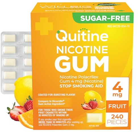 Quitine Nicotine Gum 4mg, Fruit Flavor, Stop Smoking Aid – Relieve Nicotine Cravings with Affordable NRT | Coated for Quick-Burst Flavor, 240 Count, Traditional Gum to Support Your Quit Journey