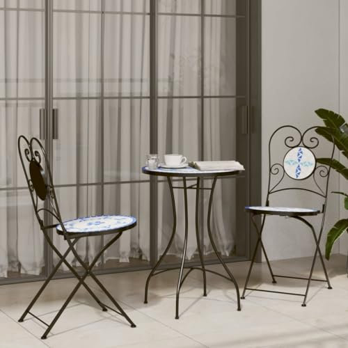 CFODOJ Gartenmöbel-Set, Mosaik, Bistro-Set, Blau und Weiß, Eisen und Keramik
