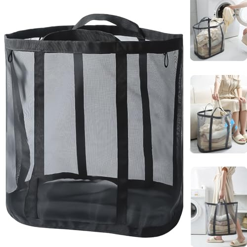 QUSHEJIAND Borsa a rete con manici, pieghevole, traspirante, da appendere alla parete, cesto portabiancheria, borsa da spiaggia per vestiti e giocattoli, per bagno, camera da letto, lavanderia (nero)