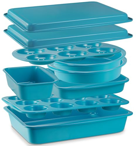 BRONYPRO Ceramic Baking Pans Set, 9-Piece Baking Sheet Set with Non-Stick Coating and Innovative Handles, Includes Exclusive Donut Pan – Ideal for Home and Professional Baking(Turquoise)