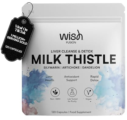 Wish Fusion Milk Thistle Liver Cleanse & Detox Supplement with Artichoke & Dandelion Complex for Liver Health & Antioxidant Support, Milk Thistle High Strength Detox 120 Vegan Capsules