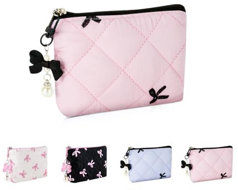 Playexen Mini Makeup Bag, Small Bow Tie Cosmetic Bag for Purse with Keychain, Portable XS Travel Makeup Pouch for Daily Use (Pink-Black Bow Tie)