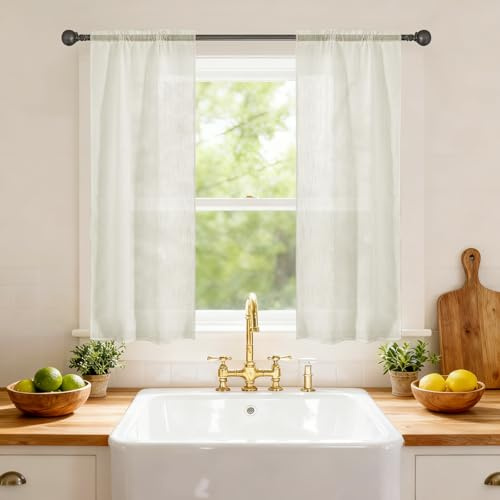 Ystyle Scheibengardinen Küche Modern 2er Set, 70x90 cm, Beige | Küchengardinen Lichtdurchlässig, Vorhang Transparent Leinenoptik, Kurzgardine Stangendurchzug für Küchenfenster Wohnzimmer
