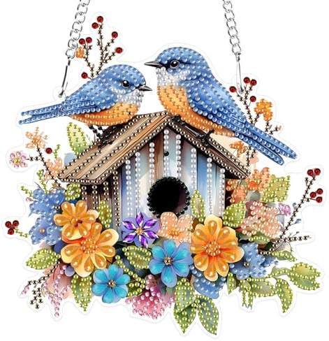 MXJSUA Blumen-Vogelhaus Diamond Painting Anhänger, Diamond Painting mit Kette Erwachsene, Diamant Painting Fensterbilder, Hängende Ornament Bastelset Set für Wand Und Eingang Decor