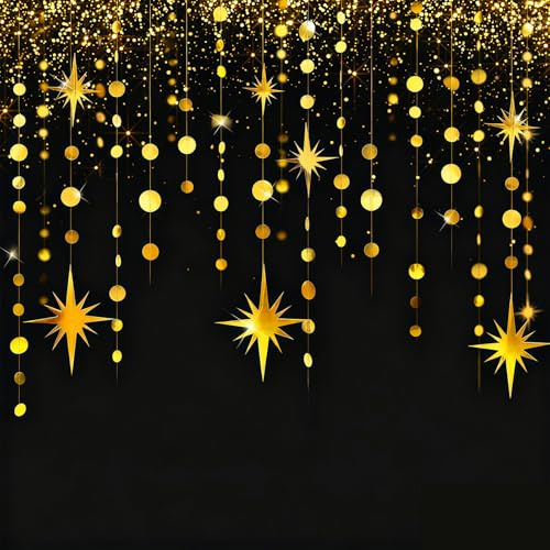 65Ft/20M Hängenden Papier Girlande Glitzer Gold,4M *5 Rund und Stern Papier Deko for Party, Hängende Luftschlangen, Geburtstagsdekorationen, Babyparty, Hochzeit, Euphorie, Disco