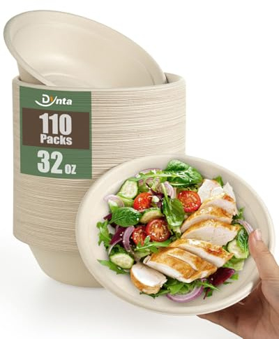 Dynta 110 Pack 32oz Paper Bowls, Large Compostable Disposable Bowls for Salads, Soups & Dog Feeding | Microwave & Freezer Safe(Natural Brown)