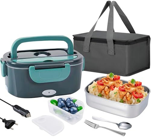 JUPPLIES Fiambrera Eléctrica 1.5L y 80W para Trabajo con Bandeja de Acero Inoxidable – Calentador Portátil para Coche, Camión u Oficina 12V/24V/220V