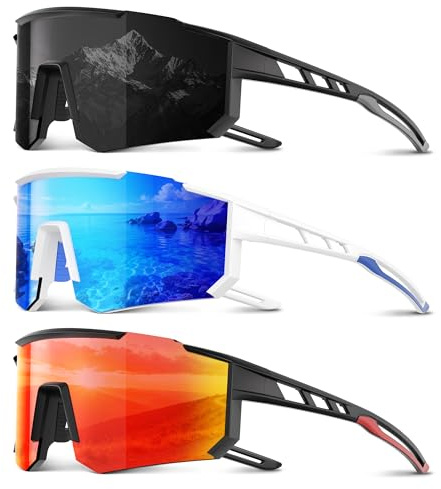 Foliful 3 Pack Polarized Sports Sunglasses Men Women, Running Mens Sunglasses UV Protection for Baseball Cycling Fishing, Ice Blue/Grey/Red