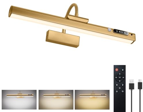 RIRIBEN 15.7'' Picture Lights for Wall with Motion Sensor, 9000mAh Rechargeable Battery Operated Poster Lights for Paintings, Portraits, Wall Decor, Gold
