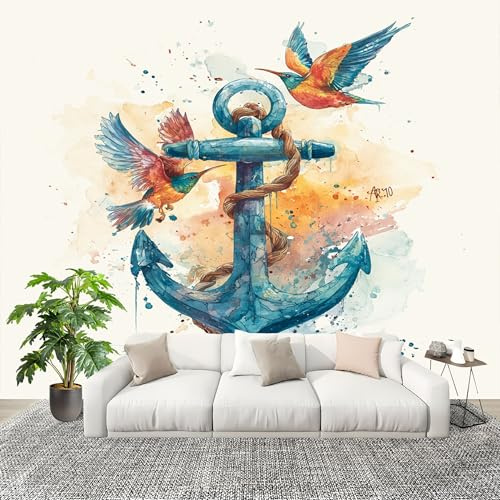 Dormitorio Papel Pintado Tema NáUtico De Acuarela Pared Panorámico 350x256 cm Azul Fotomurales No Tejido, Póster Gigante de Pared Personalizado 3D Para Salón Fotomurales