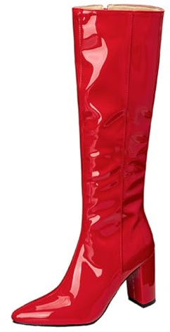 Wtharosa Stivali al Ginocchio Donna in Pelle Verniciata Bianca Punta Tonda Tacco Medio Blocco Zip Laterale Stivali Lunghi per Cocktail Autunno Inverno & Serata Eleganti,Rosso,37 EU