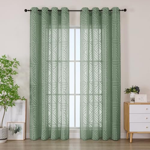 Simplebrand Dekoschal Gardinen mit Ösen 2er Set, Halbtransparent Geometrisches Muster Vorhang für Wohnzimmer Schlafzimmer Fenster, Lichtfilternd Sichtschutz, 140x220 cm Salbei Grün