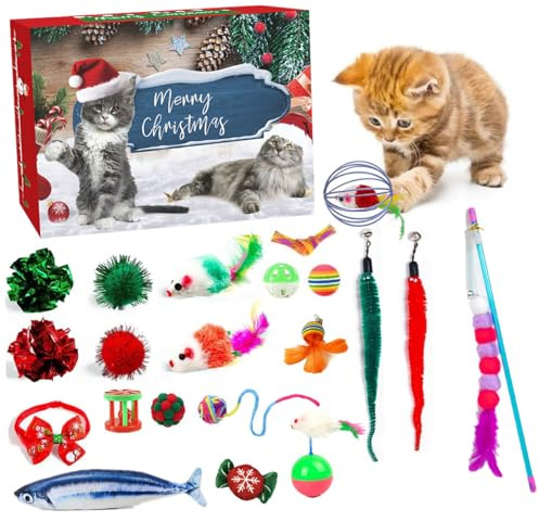 Gcroet Katzen-Adventskalender 2025, 24 Tage Weihnachts-Countdown-Kalender, Verschiedene interaktive Katzenspielzeuge für drinnen, Kätzchen, Haustiere.