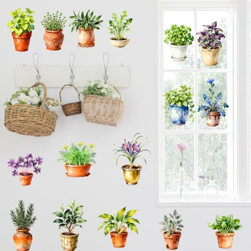 SUPERDANT Wandtattoo Blumen Und Pflanzen Töpfe Wandtattoo Wohnzimmer Aquarell Bepflanzte Kräuter Wandsticker Abziehbare Selbstklebende Große Wandaufkleber Für Wohnzimmer Schlafzimmer Küche Büro