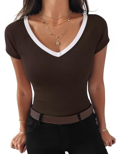 Aottori T Shirt Côtelé Femme Col V Manches Courtes Coupe Ajustée Été | Maille côtelée, col V avec manches courtes, coupe ajustée, adapté au quotidien bureau ou sortie, en ville comme en vacances