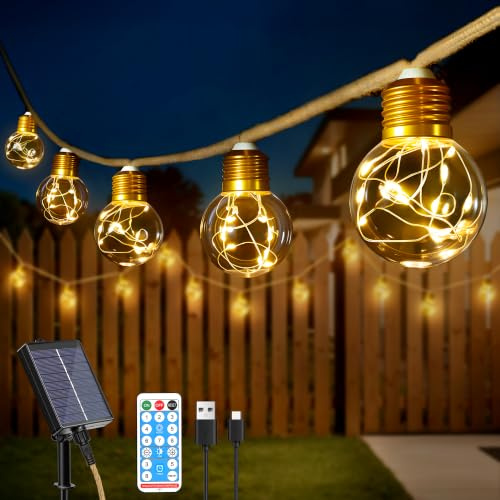 Ollny Solar Lichterkette Outdoor 8 m 16 LED Glühbirnen mit 8 Modi Warmweiß | Solarlichterkette außen wetterfest, mit Timer, dimmbar, Memory und USB für Garten, Balkon und Terrasse