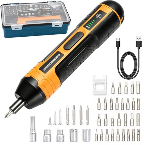 EVERGOODS 101PCS Electric Cordless Screwdriver 3.6V Rechargeable Lithium Ion Screwdriver Set with LED Light S2 Steel Bits Magnetizer Demagnetizer Tool Kit for Home Repair Electronics (Orange)