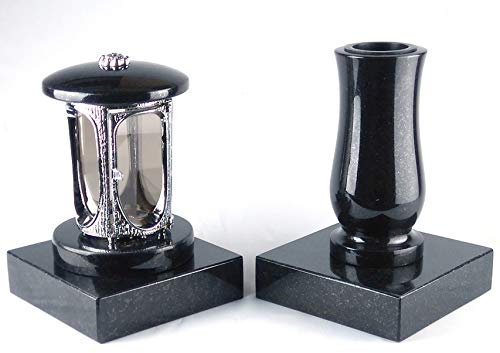 designgrab Grablampe aus verchromtem Aluminium und Grabvase und 2 Stück Sockel eckig in Granit Schwedisch Black