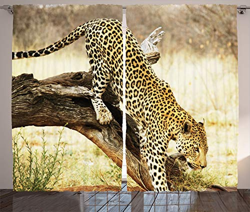 ABAKUHAUS Exotisch Rustikaler Gardine, Leopard-Wilde Katze auf Baum, Schlafzimmer Kräuselband Vorhang mit Schlaufen und Haken, 280 x 175 cm, Grün und Braun