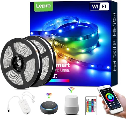 Lepro Smart LED Strip 10M, 5Mx2,Musiksteuerung, Wifi LED Streifen, RGB Dimmbar 300 LEDs, Wlan LED Band, Lichtband Selbstklebend, Lichterkette mit Fernbedienung, Kompatibel mit Alexa, App, Google Home