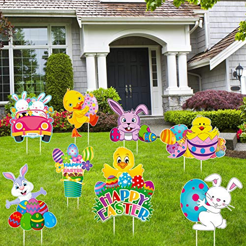 HOWAF Easter Yard Sign Decorations for Easter Garden Outdoor Decor, 8pcs Easter Lawn Sign with Stakes for Easter Game Activities Decorations Party Props, Happy Easter Egg Bunny Chick Duck Yard Sign