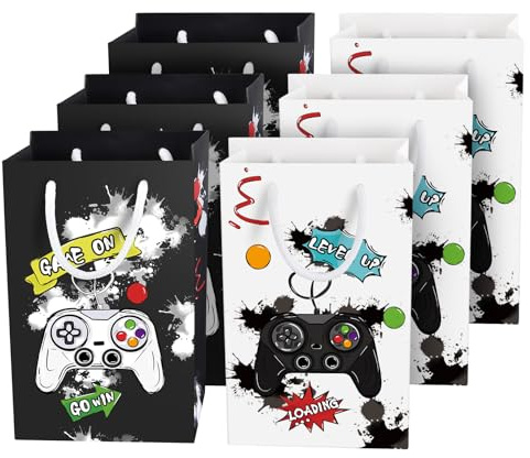 WERNNSAI Video Game Party Bags Gaming Birthday Party Supplies for Boys | 16 PCS Mini Watercolor Gaming Gift Bags with Handle Goodie Candy Treat Bags Game Night Baby Shower Party Supplies