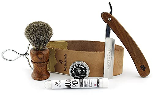Jag Shaving Rakningssats – 5 delar rakset – hållbar – rak rakkniv set – trägrävling rakborste – rak rakhyvel – läderslag – honing compound – aluminiumpinne – äkta honing strop