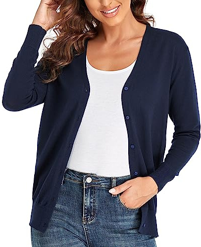 CUNYI Cardigan para Mujer Escote en V Rebeca de Punto Manga Larga Chaqueta de Mujer con Botones Abrigo Elegante, Azul Marino XL