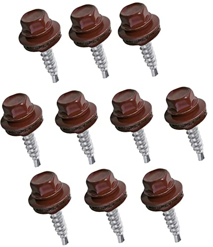 AERZETIX - C57195 Set med 10 metall till trä självborrande skruv Ø4.8x25mm + EPDM tätningsbricka - målad i RAL 3009 roströd - 8mm sexkantigt huvudavtryck - i stål