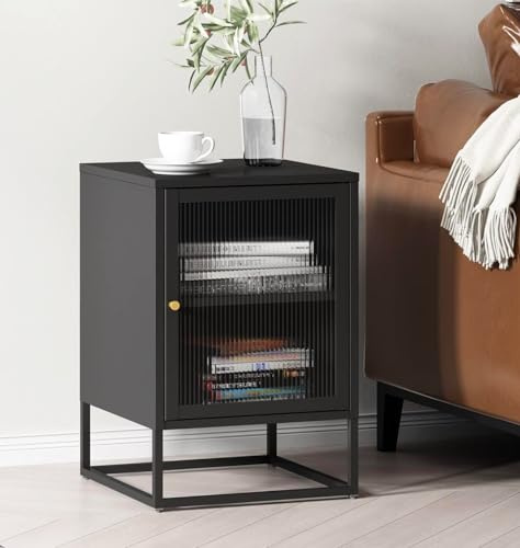 Hallowood Furniture Bewdley Petite armoire en métal noir avec porte en verre, tables de chevet en métal pour salon ou chambre à coucher, table d'appoint avec placard, table de téléphone industrielle