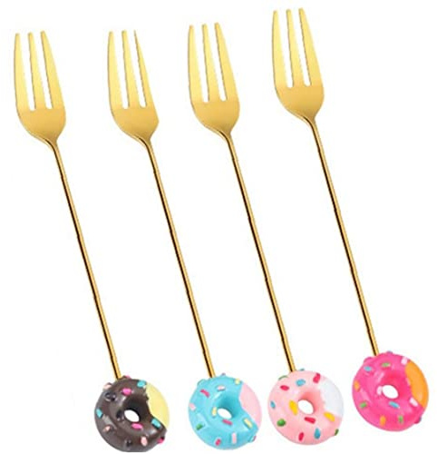 vepoty Dessert Forks 4pcs Mini Doughnut Fork Stainless Steel Cake Fork Small Appetizer Forks Fruit Forks